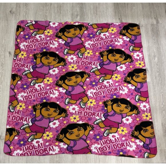 Dora The Explorer Fleece Blanket Throw Pink Yellow Flowers Nickelodeon 49x51 - Picture 1 of 4